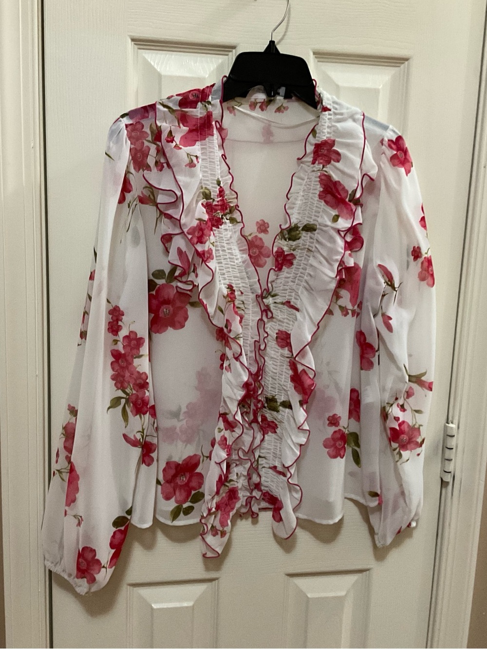 Zara White Sheer Floral Ruffle Blouse with Pink Trim